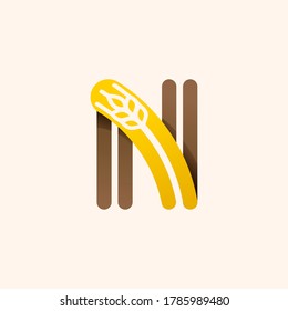 Letter N logo with negative space wheat. Perfect vector font for bakery identity, badges or emblems for natural fresh products, etc.