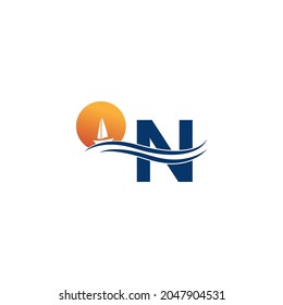 Letter N logo with ocean landscape icon template vector