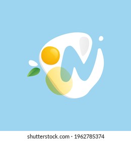 Letter N logo on a Fried Egg with green leaf and splashes. Negative space vector icon for farm company, ecology cafe, tasty poster, fast food restaurant.