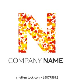 Letter N logo with orange, yellow, red particles and bubbles dots on white background. Vector template for your design