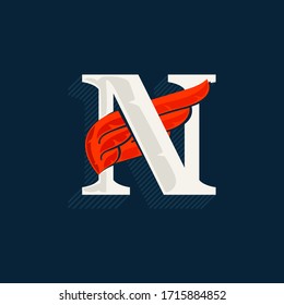 Letter N logo with red wing. Classic serif font with shadow made of lines. Vector icon perfect for sport labels, shipping posters, power identity, etc.