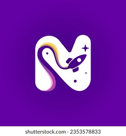 Letter N logo with rocket launch trail, planets, and stars. Negative space style icon. Vector typeface for science identity, planet travel app, chemistry posters, jet company, and biology advertising.