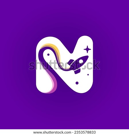 Letter N logo with rocket launch trail, planets, and stars. Negative space style icon. Vector typeface for science identity, planet travel app, chemistry posters, jet company, and biology advertising.