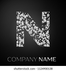 Letter N logo silver dots. Alphabet logotype with abstract silver bubbles shape on black background. Vector template for your design