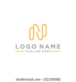 Letter N logo, square shape symbol, color, gold and orange, technology, and digital abstract point connection