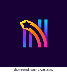 Logo de la letra N con estrella dentro. Icono de líneas paralelas del vector. Fuente perfecta para etiquetas multicolor, espacio impreso, afiches de vida nocturna, etc.