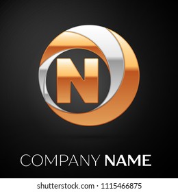 Letter N logo symbol in the golden-silver colorful circle on black background. Vector template for your design