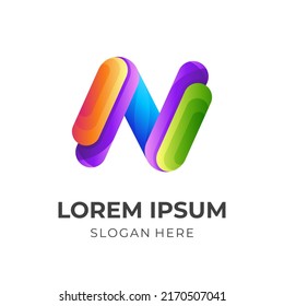 plantilla de logotipo de letra N con estilo 3d colorido
