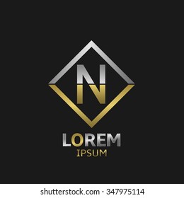 Letter N logo template badge with golden and silver elements. Vector illustration