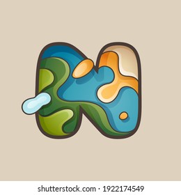 Letter N logo with topographic map line pattern. Outdoor adventure emblem with mountain, ocean, hills, forest, desert, and clouds.