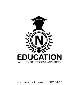 Letter N Logo With Vector Education Gown or Hat Icon Black