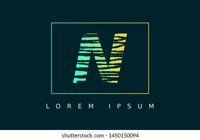 Letter N logo vector with green line box. wood texture style