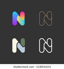 Letter N logo vector set. Abstract icons, signs, logotypes in different styles isolated on black background