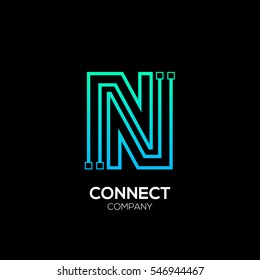 Letter N logotype blue and green color,Technology and digital abstract dot connection vector logo