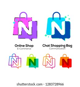 Letter N logotype Colorful on Shopping Bag and Chat Bubble logo, Online shop sign, Fashion Store icon, Marketing and E-commerce , Social Networking and Communication Digital concept for your Business