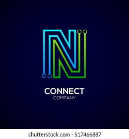 Letter N logotype green and blue color,Technology and digital abstract dot connection vector logo