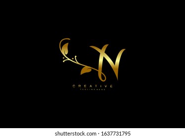 Letter N Logotype Linked Simple Monogram Flourishes Gold Color