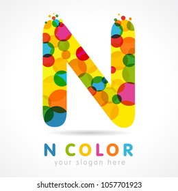 Letter N logotype. Logo "n" isolated abstract business colorful emblem. Stained glass colores graphic template. Clouds and bubbles with multicolored bunch. Vector corporate soft branding identity