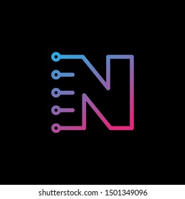 Letter N logotype monoline Technology, digital, electronics, chip, connection concept. Modern Logo Technology for Business. Logotypes of Digital combining with circuit . - vector