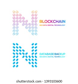 Letter N Logotype with Round Circle Dot and Cylinder shape Database backup logo, Technology Digital concept, FinTech Blockchain and Cryptocurrency Symbols, Server Big Data Processing and Network Signs