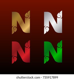 Letter N logotype with Thai art style, Metallic Glossy texture, Gold and Silver, Red and Green, Beautiful Luxury, Thai vintage Logo for your Corporate identity
