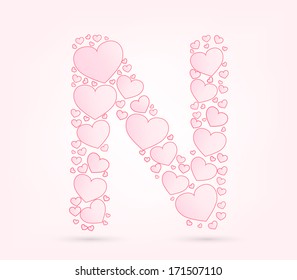 Letter N love hearts valentine illustration vector font