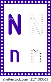 Letter N lowercase. Worksheet. Children's education. Vector typeset. Alphabetical font. Preschool training.