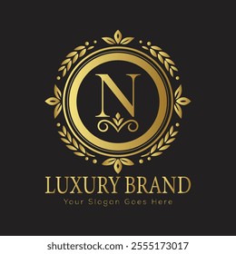 Letter N Luxury brand logo design with a royal gold crown emblem and elegant typography
