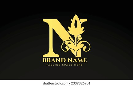 Letter N luxury floral logo design template with gold color