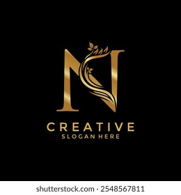 Letter N with Luxury Gold Flower logo design vector template, Initial Letter Professional logo for all kinds of business