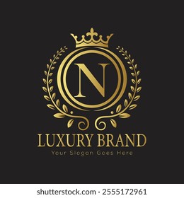 Letter N luxury gold logo concept brand logo design with a royal gold crown emblem and elegant typography
