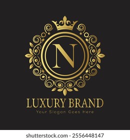 Letter N luxury gold logo concept brand logo design with a royal gold crown emblem and elegant typography
