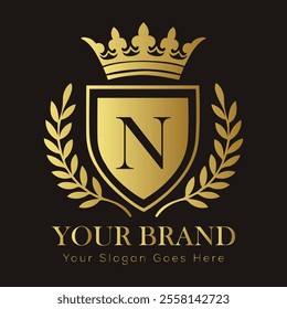 Letter N luxury gold logo concept brand logo design with a royal gold crown emblem and elegant typography
