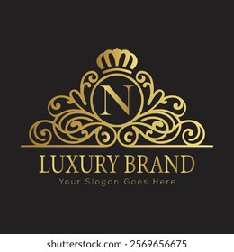 Letter N luxury gold logo concept brand logo design with a royal gold crown emblem and elegant typography
