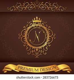 Letter N. Luxury Logo template flourishes calligraphic elegant ornament lines. Business sign, identity for Restaurant, Royalty, Boutique, Hotel, Heraldic, Jewelry, Fashion, vector illustration.