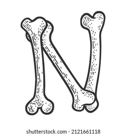 letter N made of bones sketch engraving vector illustration. Bones font. T-shirt apparel print design. Scratch board imitation. Black and white hand drawn image.