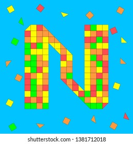 Letter N made of colored squares and triangles. Mosaic font.