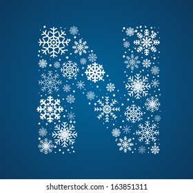Letter N, made from frosty snowflakes, vector font