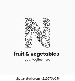 Letter N made of fruit and vegetables. Organic food logo concept. Stock vector illustration.