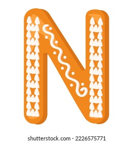 Letter N made from glazed gingerbread. Festive font, symbol of Happy New Year and Christmas, sign and letters of different shapes. Vector flat illustration