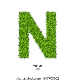 The Letter N Made of Green Grass Texture. 3d Vector Illustration on White Background