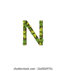 Letter N made from green leaves on a white background. Isolated tree in the shape of the letter N with green leaves vector illustration