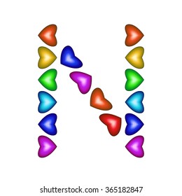 Letter N made of multicolored hearts on white background