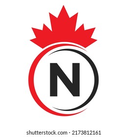 Símbolo de plantilla de logotipo de hoja de arce de la letra N de Canadá. Concepto Mínimo De Negocio Canadiense, Logotipo De Compañía Con Vector De Alfabeto