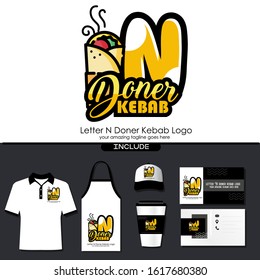 Letter N Mea Kebab Dishes Vector Logo Design Illustration for Turkish and Arabian Fast Food Restaurant with Brand Identity Include Shirt. Apron. Hat. Cup. Business Card. Initial Typography Logo