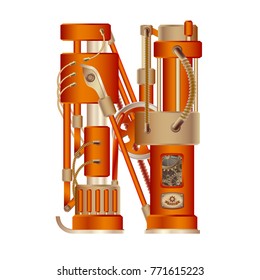 The letter N of mechanic alphabet. Steampunk font style. Mechanical design. Made in the form of a mechanism with moving and stationary parts with tubes, gears and pistons in red casing.