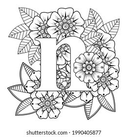 Letter n with Mehndi flower. decorative ornament in ethnic oriental style. coloring book page. 