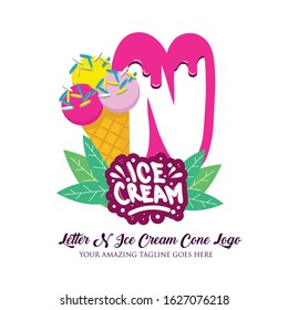 Letter N Melting Ice Cream Balls in the Waffle Cone Isolated on White Background. Vector Flat Modern Style. Colorful Logo in Cartoon Style Illustration for Ice Cream Shop Café and Restaurant