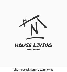 letter N minimalist doodle house vector logo design
