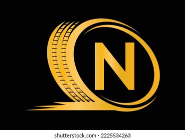 Letter N monogram alphabet With a Sport Car Automotive Car Repair Logo Design Concept With Transport Tire Icon Vector Template.
